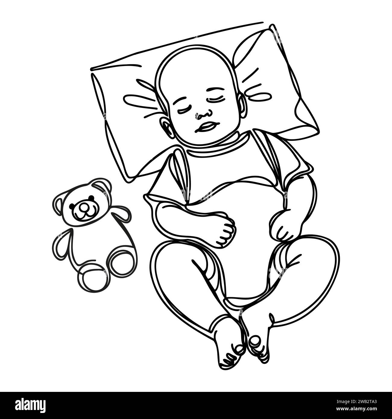 One line of sleeping cute little baby with Teddy bear. Vector ...