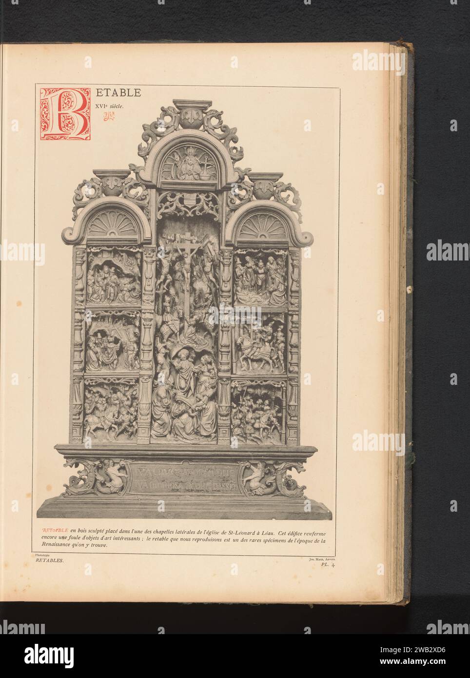 Altarpiece made of wood in the Sint-Leonardus church in Zoutleeuw, Belgium, Anonymous, c. 1882 - in or before 1887 photomechanical print  Saint-Leonard Music State paper collotype / photolithography altar with altar-piece Sint-Leonarduskerk Stock Photo