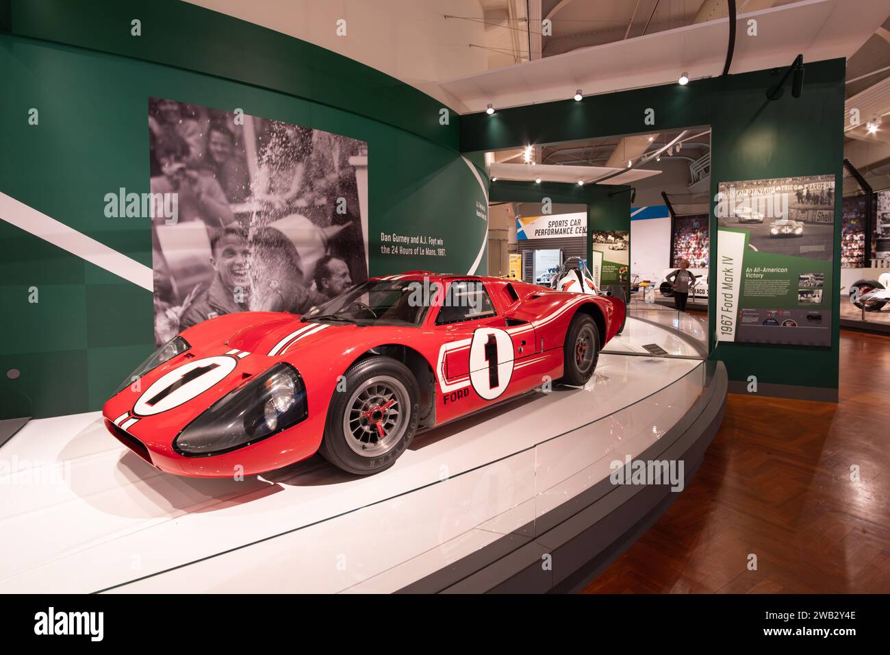 The 1967 24 Hours of LeMans winning Ford GT40 Mark IV, driven by Dan Gurney and AJ Foyt, on display at the Henry Ford Museum of American Innovation Stock Photo