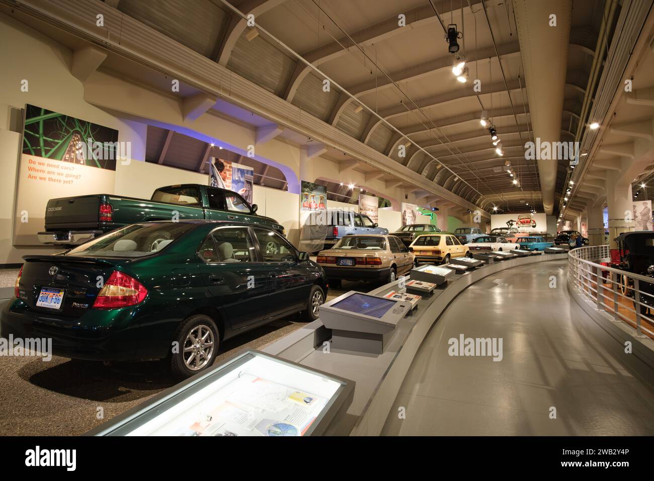 Driving America exhibit, with a 2002 Toyota Prius in the foreground, at The Henry Ford Museum of American Innovation Stock Photo