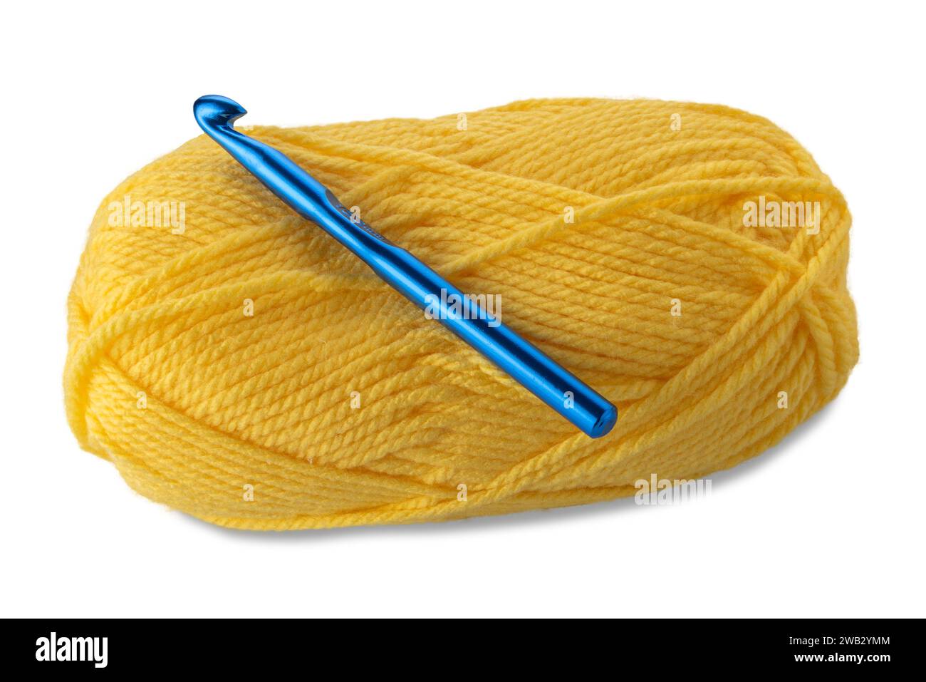Ball of yellow-colored wool yarn with knitting weaving crochet hook 10 mm blue color isolated on white with clipping path included Stock Photo