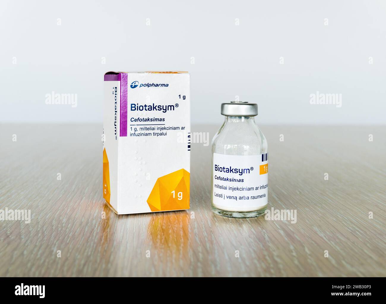 Packaging of Biotaksym (Cefotaximum) Polpharma, 1 g and glass vial Stock Photo
