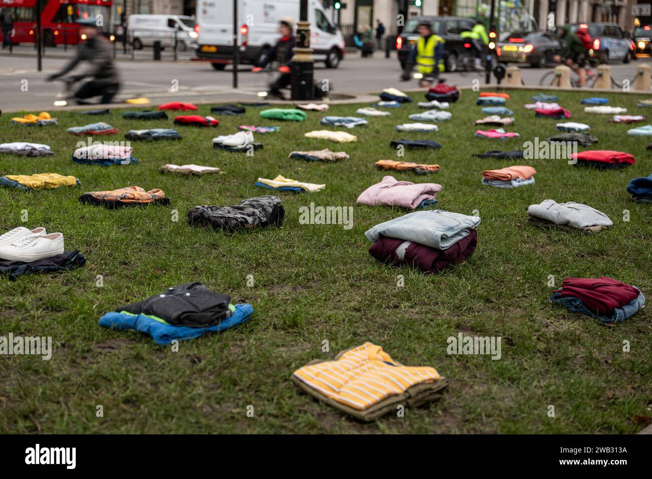 London, UK. 08th Jan, 2024. London born actor Iris Elba and parents of murdered young people displayed clothes in parliament Square representing victims who have died due to the ever growing number of knife attacks. Aubrey Fagon/Alamy Live News Stock Photo