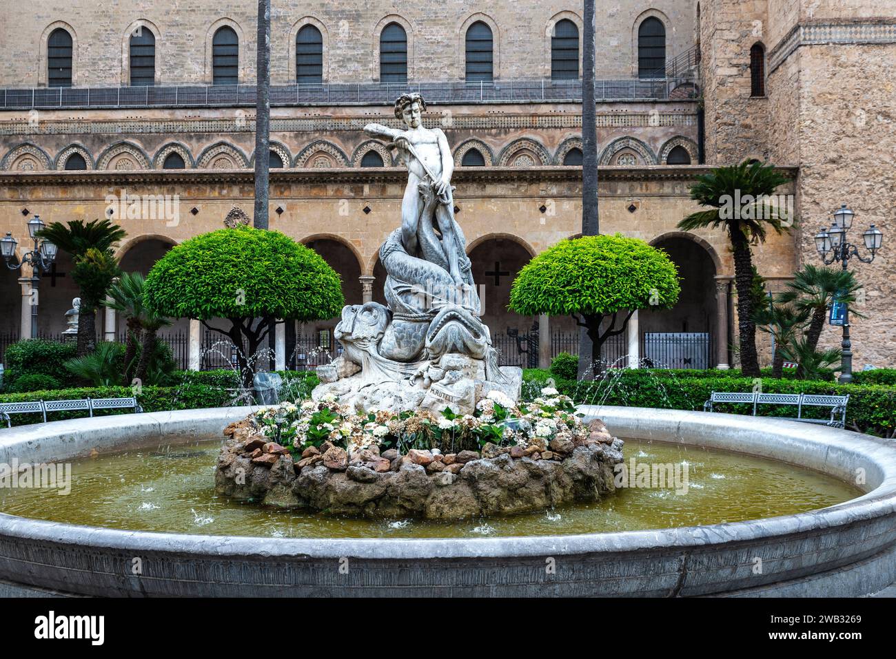 Triton Fountain or Fontana del Tritone next to the cathedral in the old town of Monreale, Palermo, Sicily, Italy Stock Photo