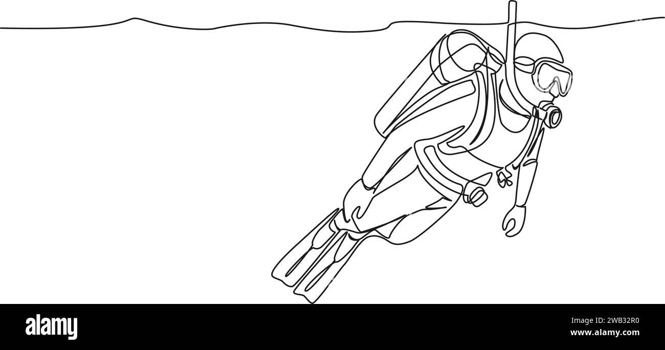 continuous single line drawing of scuba diver, line art vector illustration Stock Vector
