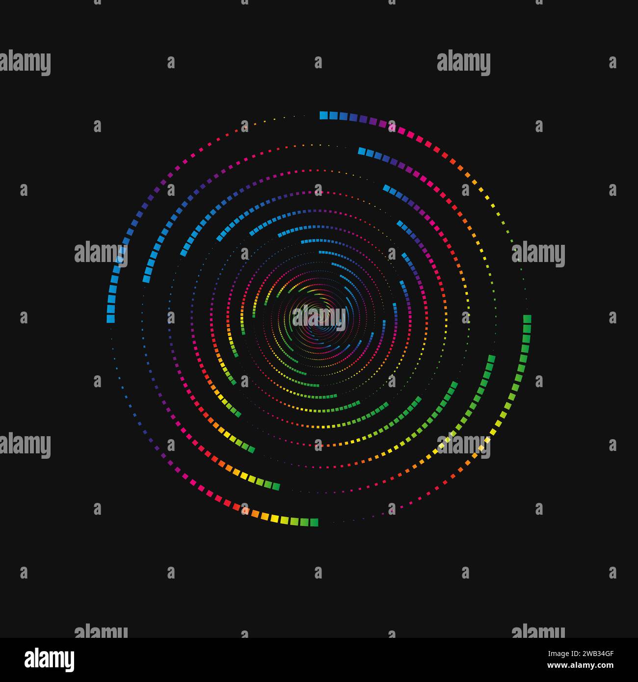 Halftone point vortex on dark. Abstract futuristic digital technology logo element. Vector geometric shape Stock Vector