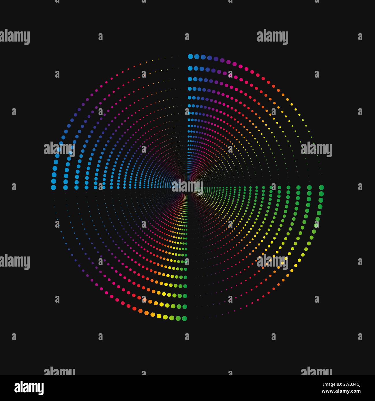 Halftone point vortex on dark. Abstract futuristic digital technology logo element. Vector geometric shape Stock Vector
