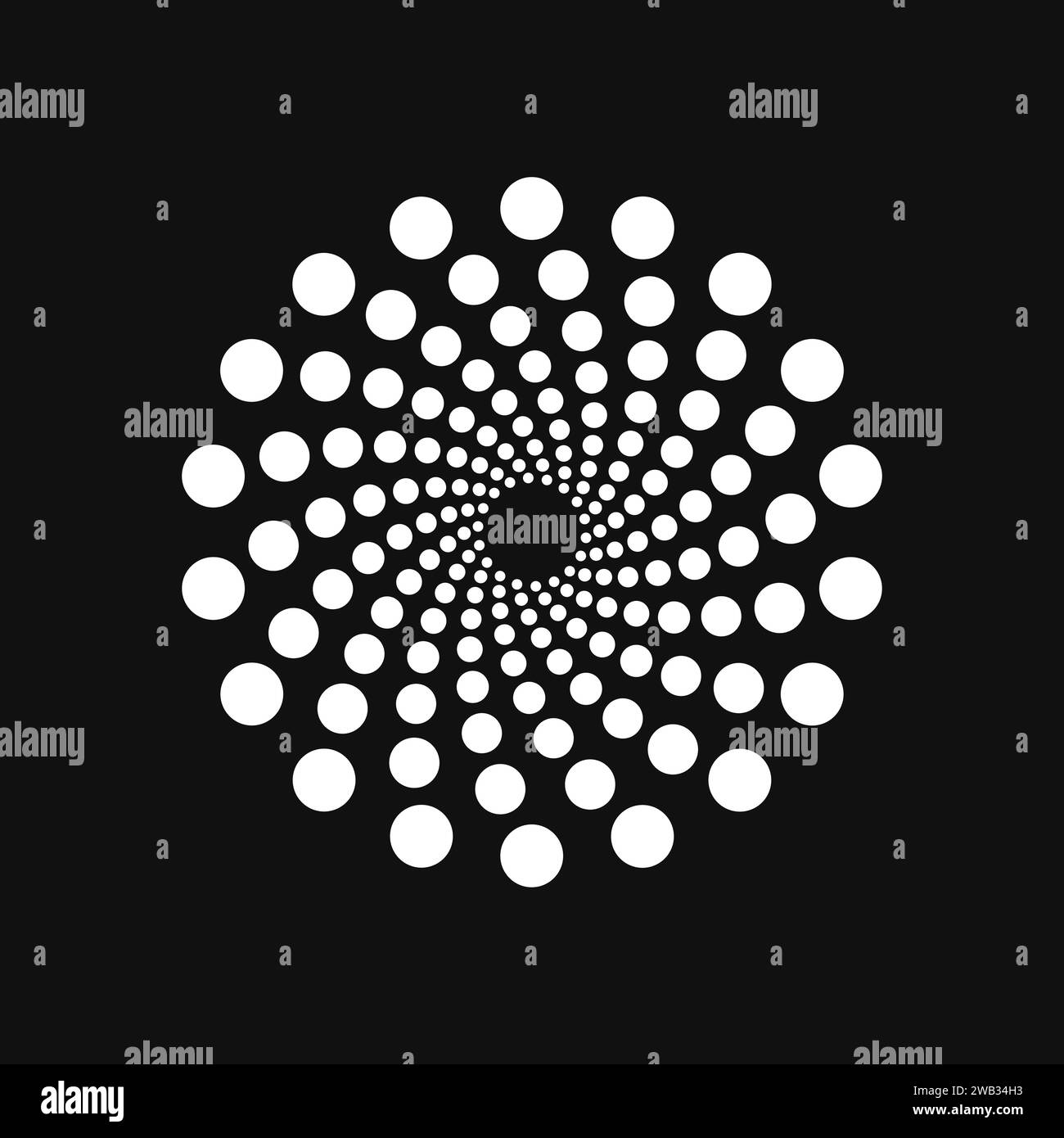 Halftone point vortex on dark. Abstract futuristic digital technology logo element. Vector geometric shape Stock Vector