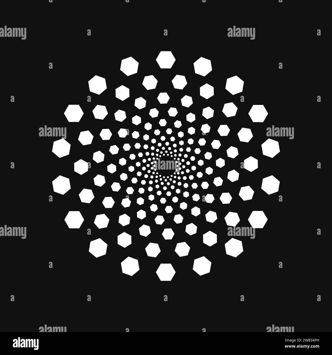 Halftone point vortex on dark. Abstract futuristic digital technology logo element. Vector geometric shape Stock Vector