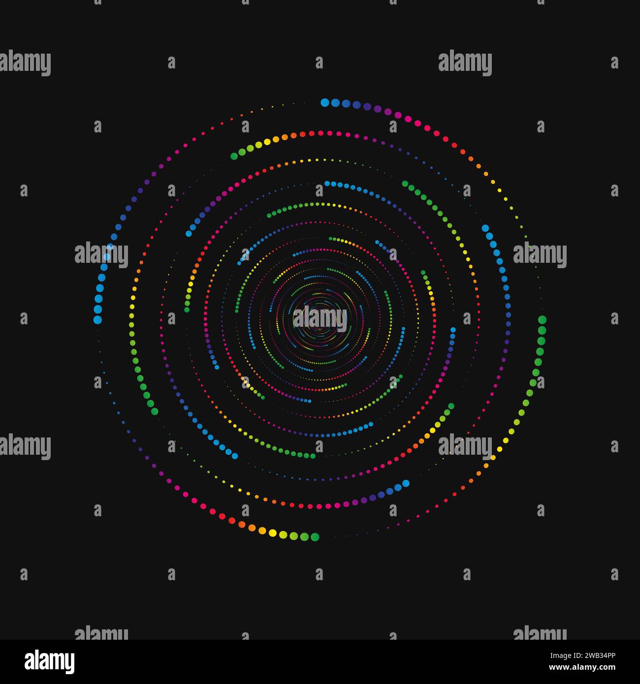 Halftone point vortex on dark. Abstract futuristic digital technology logo element. Vector geometric shape Stock Vector