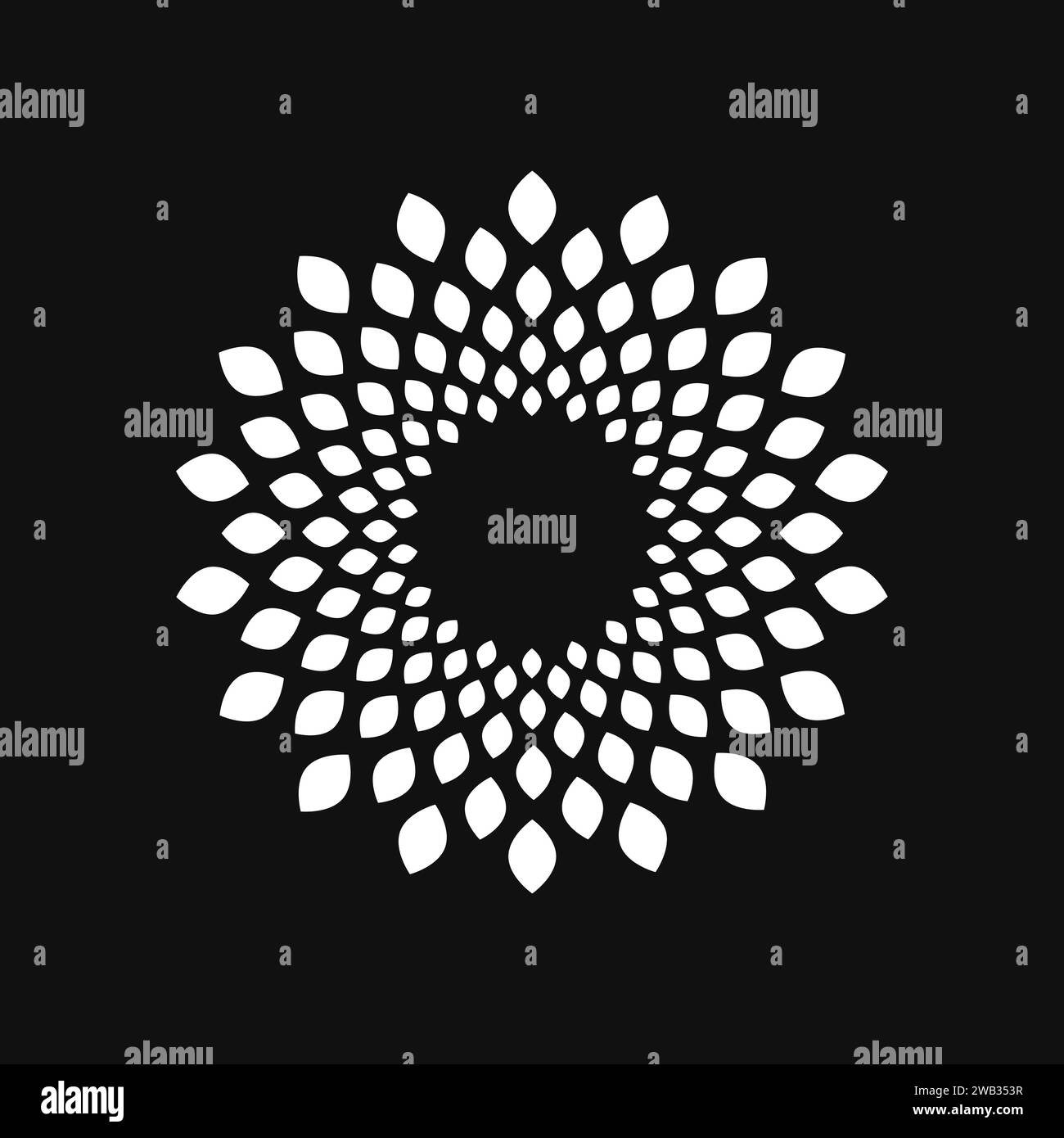 Halftone point vortex on dark. Abstract futuristic digital technology logo element. Vector geometric shape Stock Vector