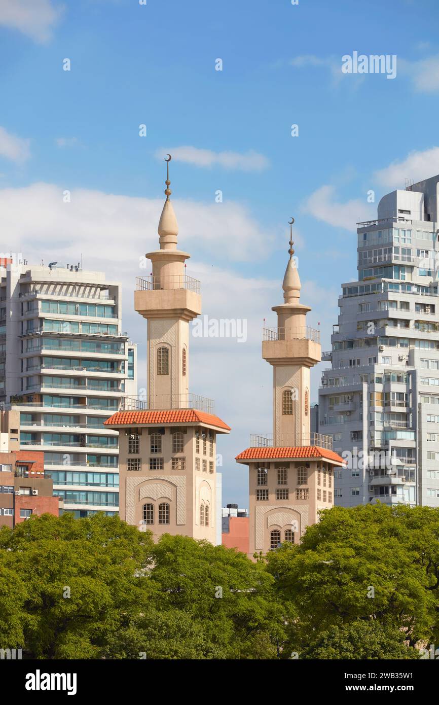 The minaret towers of the King Fahd Islamic Cultural Center Mosque in Palermo, Buenos Aires, Argentina. Stock Photo