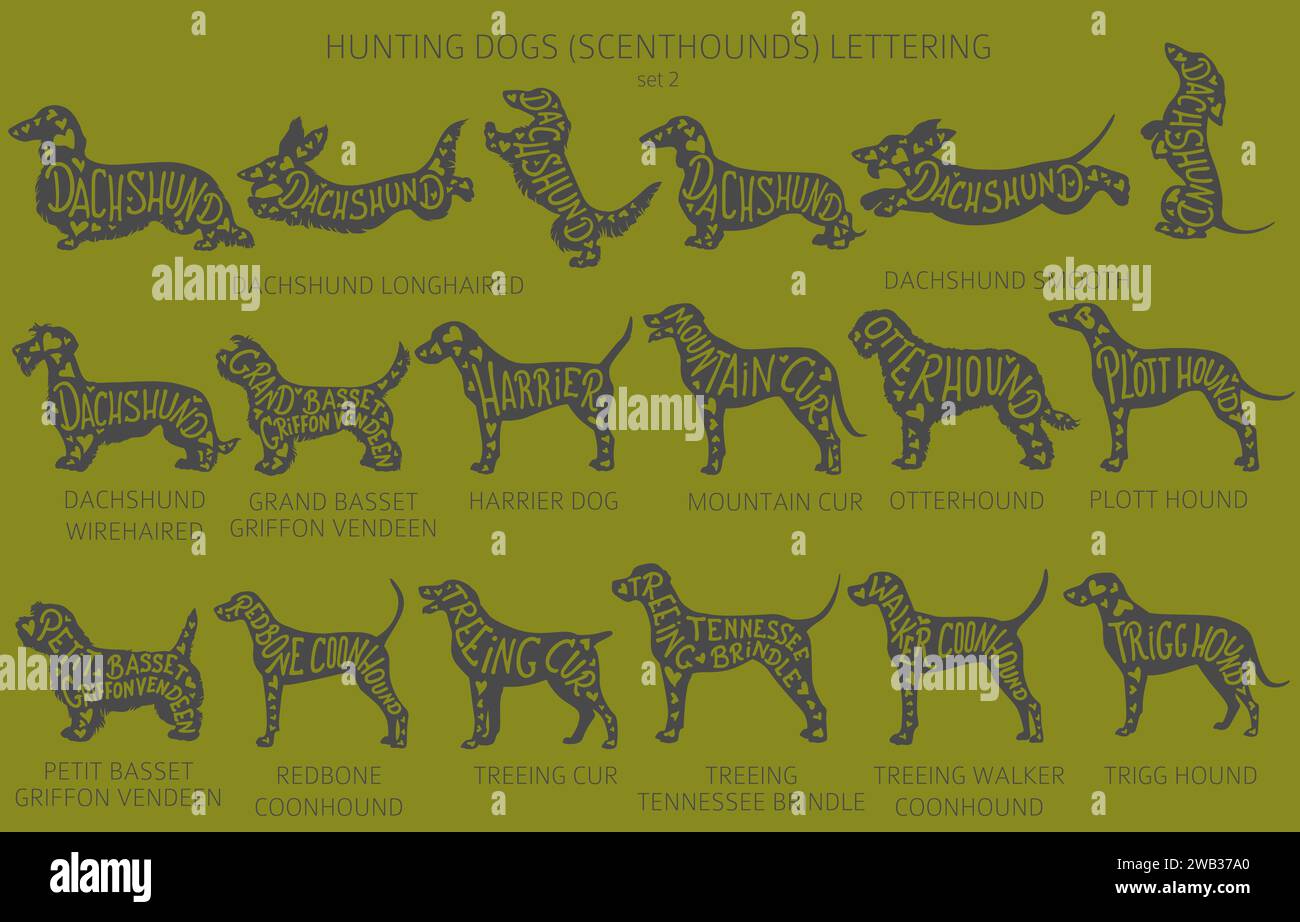 Dog breeds silhouettes with lettering, simple style clipart. Hunting