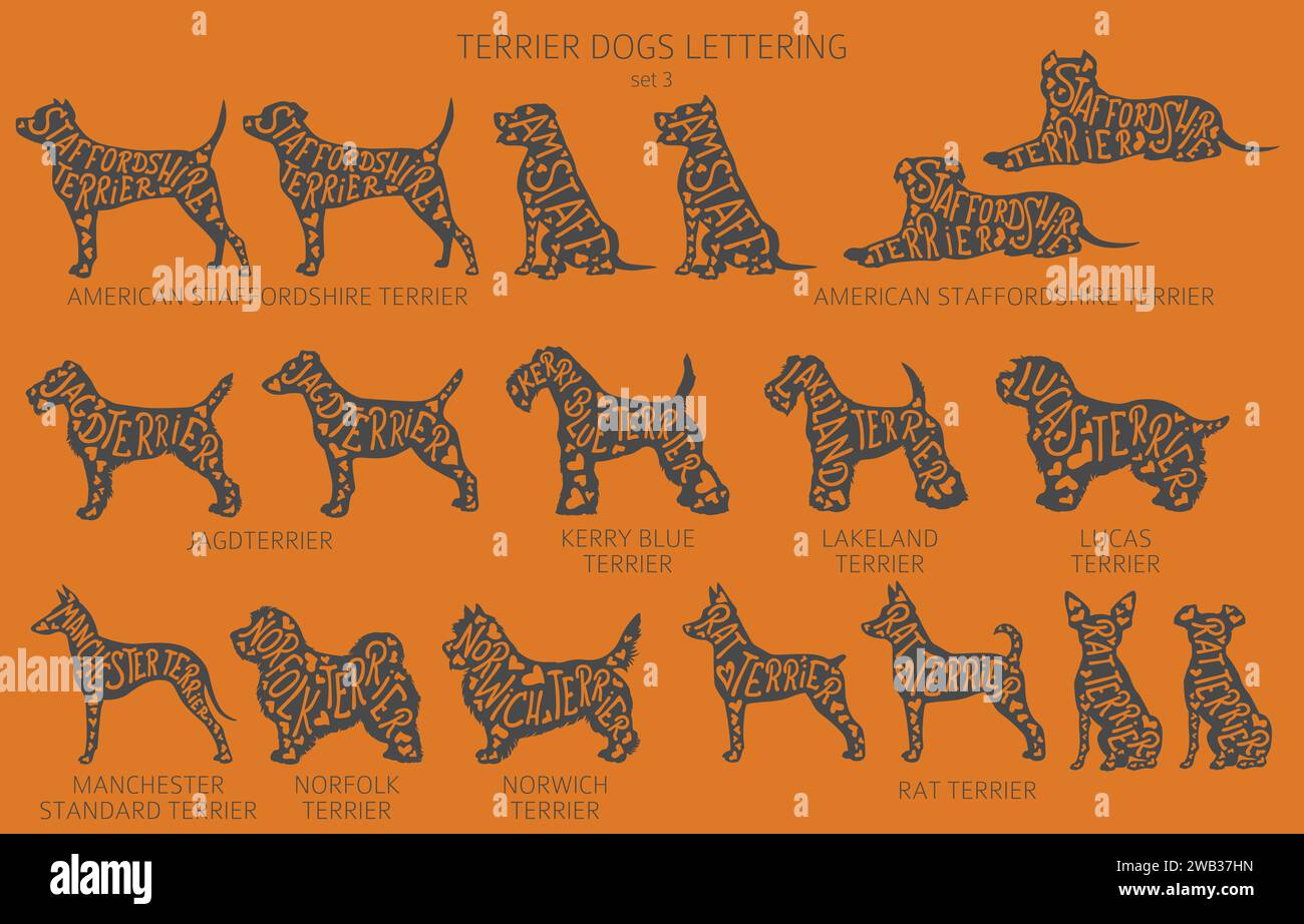 Dog breeds silhouettes with lettering, simple style clipart. Hunting