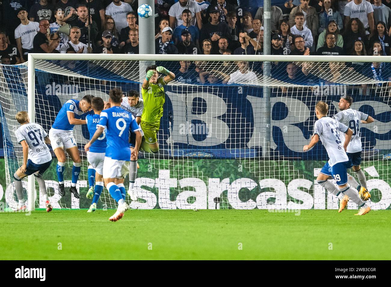 Semuel Pizzignacco of Feralpisal˜ during the Italian Serie B soccer championship match between Brescia Calcio and Feralpisal˜ at Mario Rigamonti Stadi Stock Photo