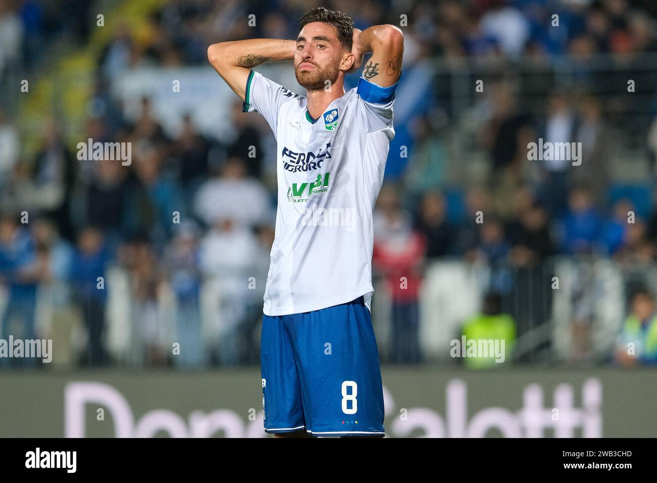 Disappointment of Davide Balestrero of Feralpisal˜ during the Italian Serie B soccer championship match between Brescia Calcio and Feralpisal˜ at Mari Stock Photo