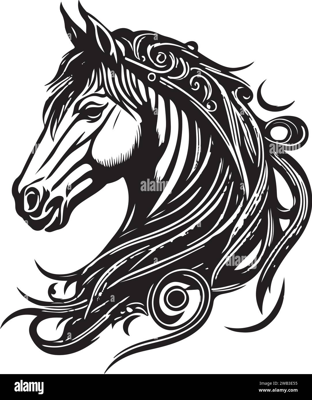 Vector silhouette of a horses head with ornament. Vector illustration