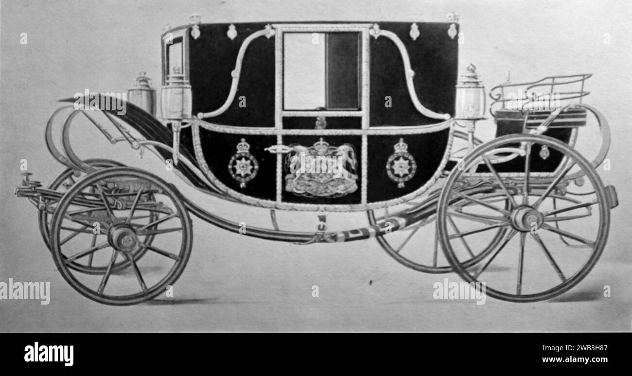 H.M. King Edward VII’s Coronation Landau, manufactured by Messrs. Hooper and Co, c1902. This is from a series of printed illustrations of horse-drawn transport carriages used in Victorian Britain during the mid to late nineteenth century. Stock Photo