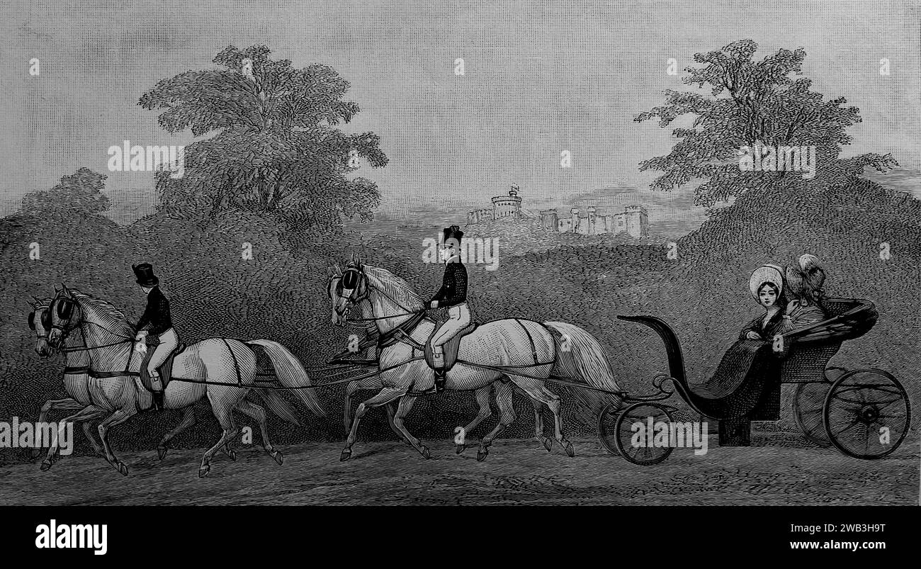 Princess Victoria in Her Pony Phaeton, from a drawing on stone by Lowes Dickinson, c1835. This is from a series of printed illustrations of horse-drawn transport carriages used in Victorian Britain during the mid to late nineteenth century. Stock Photo