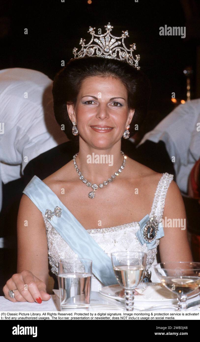 Queen Silvia of Sweden. Wife of the current king of Sweden, Carl XVI Gustaf.  Pictured 1981 wearing Queen Sophia’s tiara. Older sources say that Queen Sophia, the wife of Oscar II and until Queen Silvia overtook her in 2011 the longest-serving consort in Swedish history – had it made from a number of loose diamonds in her possession, but as the late art historian Göran Alm, who was for many years head of the Bernadotte Library, was the first to point out it appears in the inventory of King Carl XV’s possessions drawn up after his death in 1872 but is listed among the entailed property of the s Stock Photo