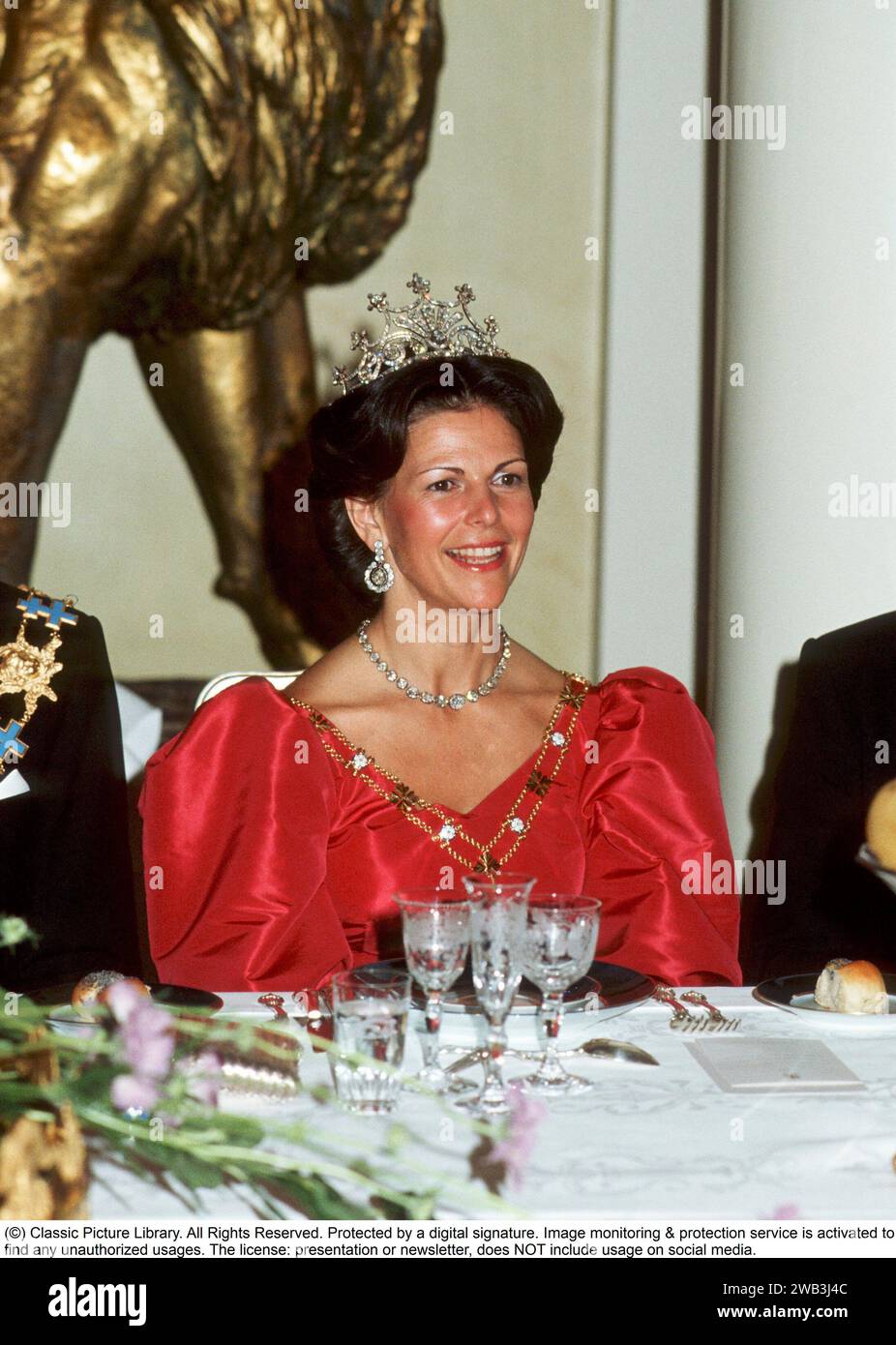 Queen Silvia of Sweden. Wife of the current king of Sweden, Carl XVI Gustaf.  Pictured 1983 wearing Queen Sophia’s tiara. Older sources say that Queen Sophia, the wife of Oscar II and until Queen Silvia overtook her in 2011 the longest-serving consort in Swedish history – had it made from a number of loose diamonds in her possession, but as the late art historian Göran Alm, who was for many years head of the Bernadotte Library, was the first to point out it appears in the inventory of King Carl XV’s possessions drawn up after his death in 1872 but is listed among the entailed property of the s Stock Photo