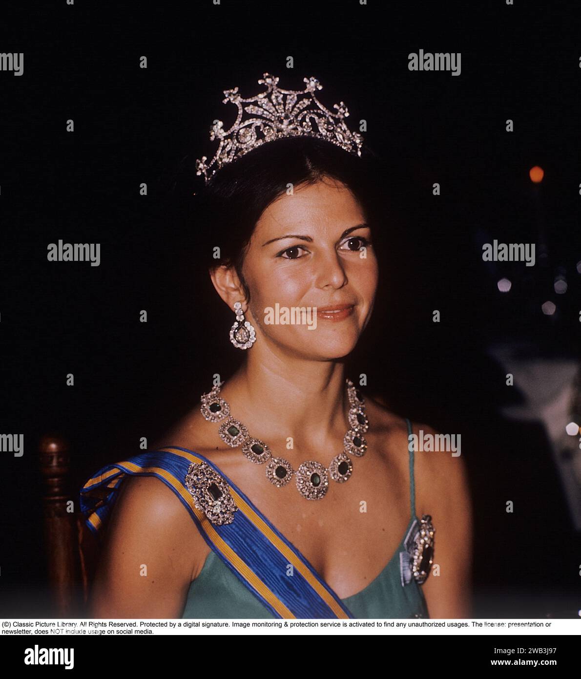 Queen Silvia of Sweden. Wife of the current king of Sweden, Carl XVI Gustaf.  Pictured 1978 wearing Queen Sophia’s tiara. Older sources say that Queen Sophia, the wife of Oscar II and until Queen Silvia overtook her in 2011 the longest-serving consort in Swedish history – had it made from a number of loose diamonds in her possession, but as the late art historian Göran Alm, who was for many years head of the Bernadotte Library, was the first to point out it appears in the inventory of King Carl XV’s possessions drawn up after his death in 1872 but is listed among the entailed property of the s Stock Photo