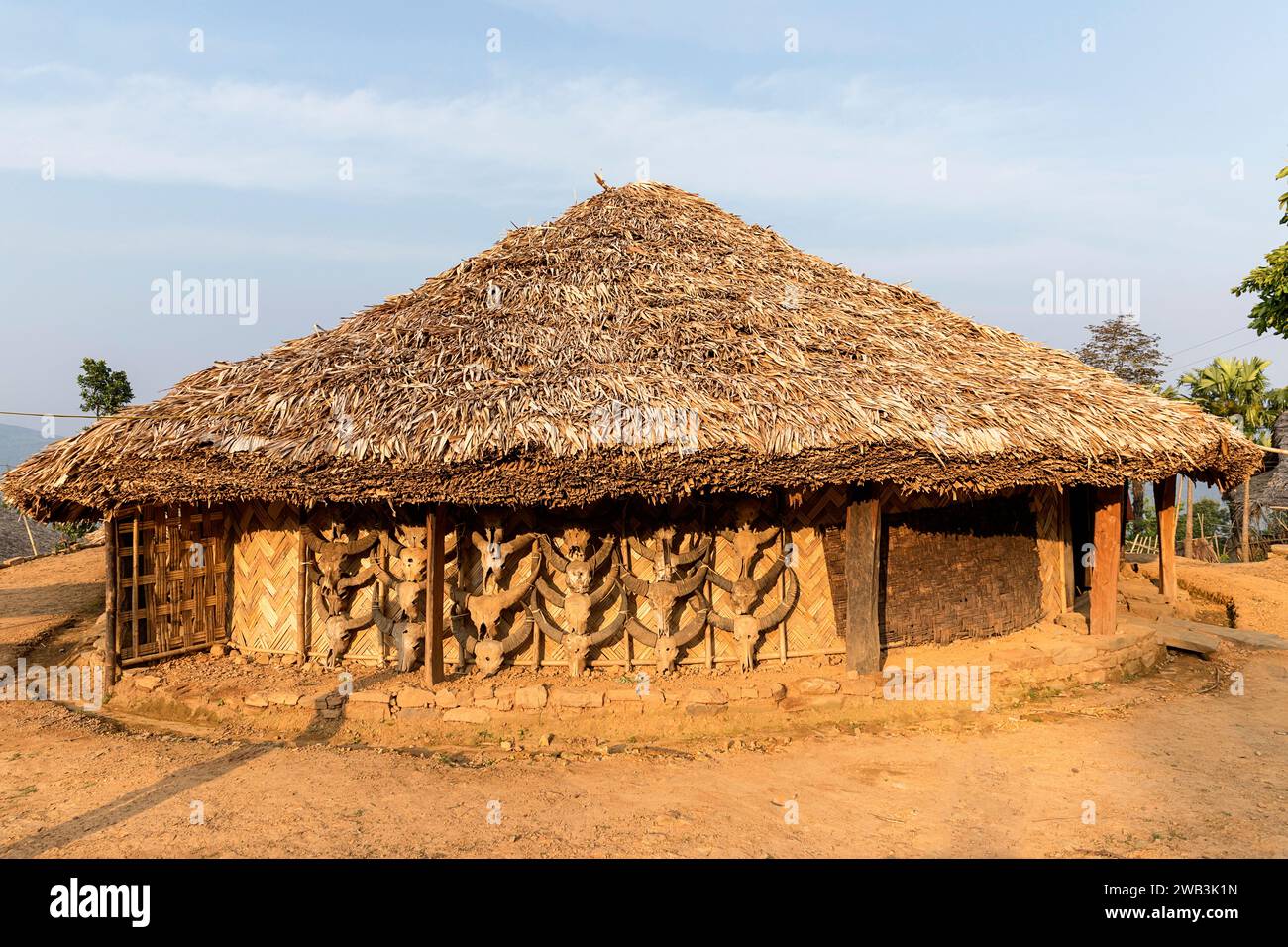 Traditional house of Konyak tribe made from wood, bamboo and palm leafs, decorated with bull skulls in the hills above Mon town in Nagaland, India Stock Photo
