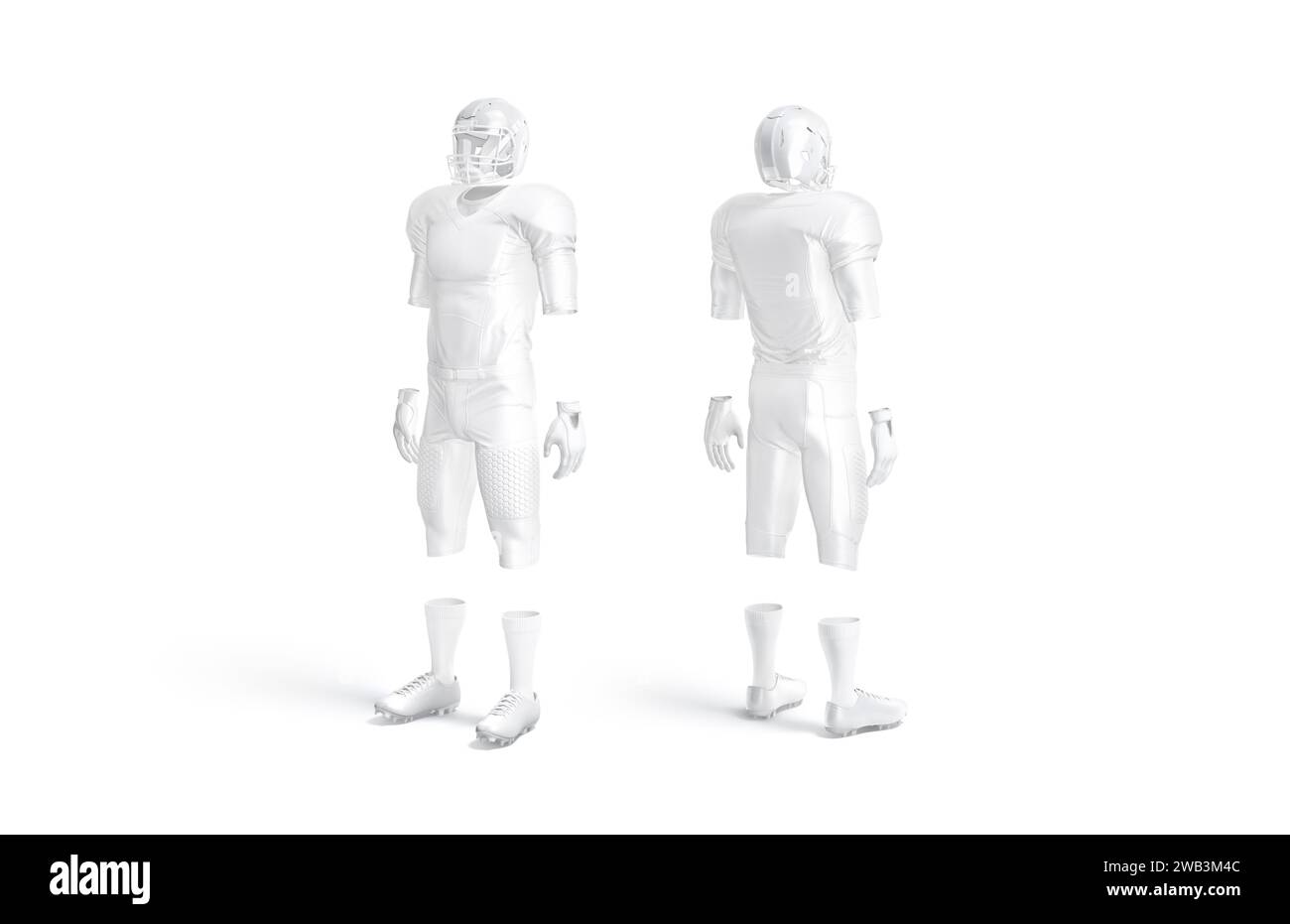 Blank white american football uniform mockup, side and back view, 3d rendering. Empty professional kit for quarterback mock up, isolated. Clear protec Stock Photo