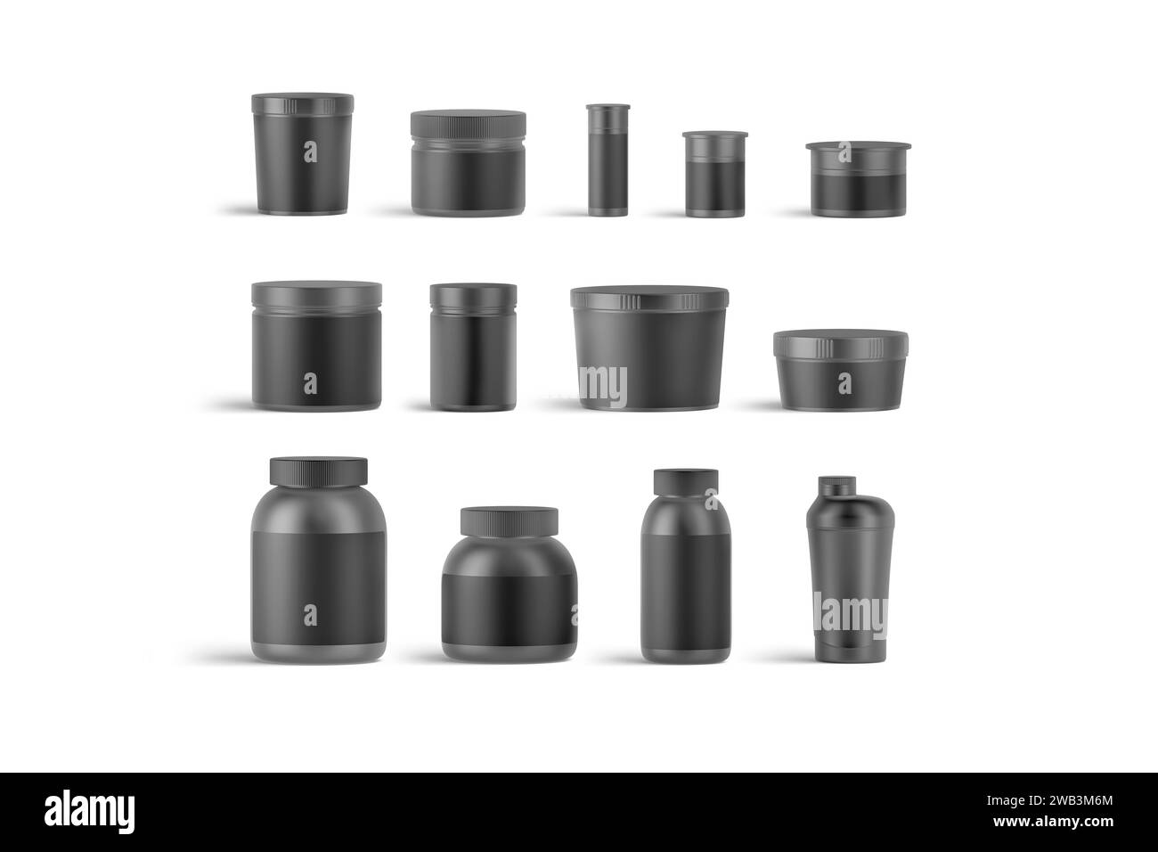Blank black vitamin and protein can mockup, different types, 3d