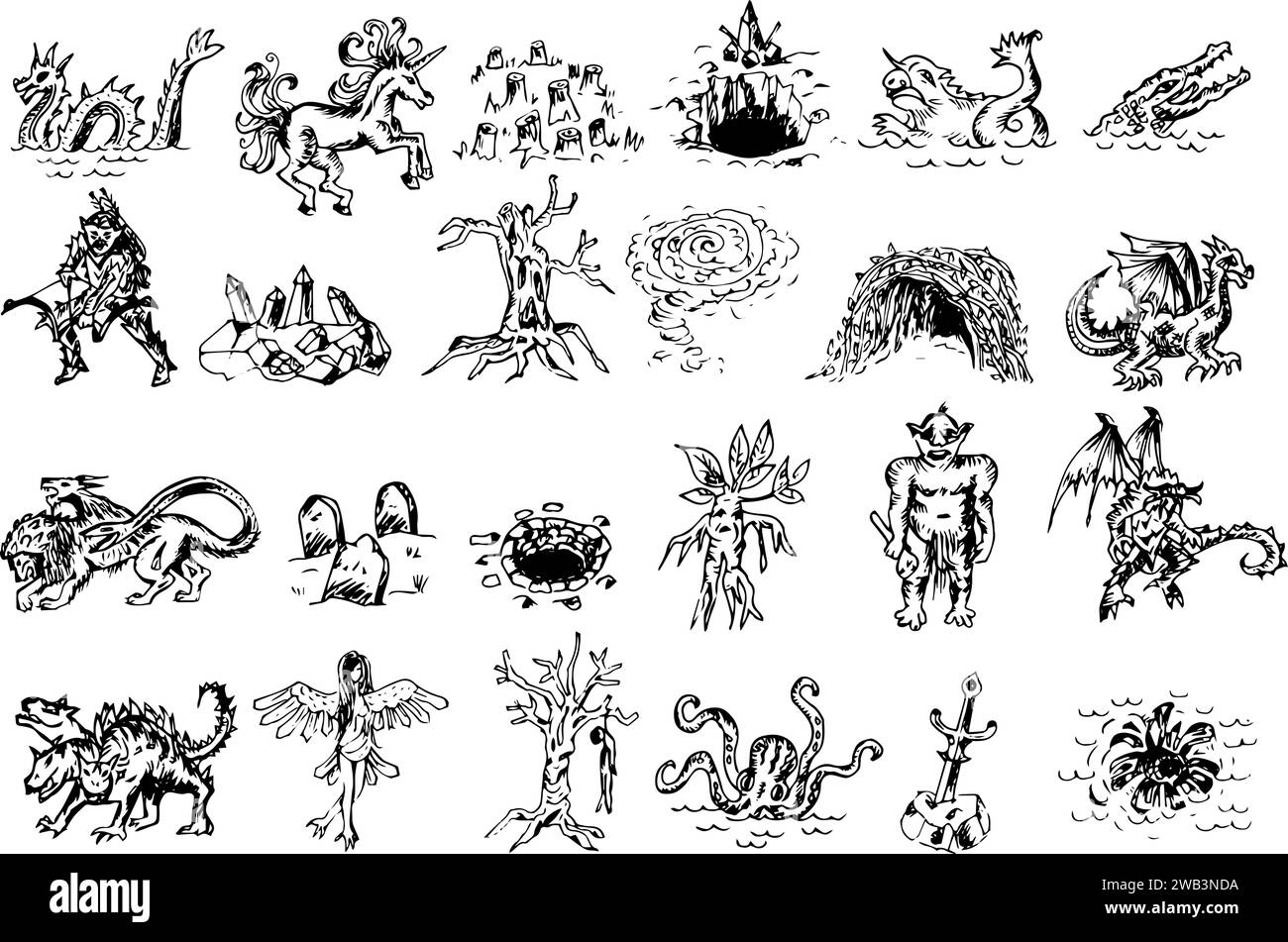 Fantasy map elements of mythical monster symbols, line drawings, vectors Stock Vector