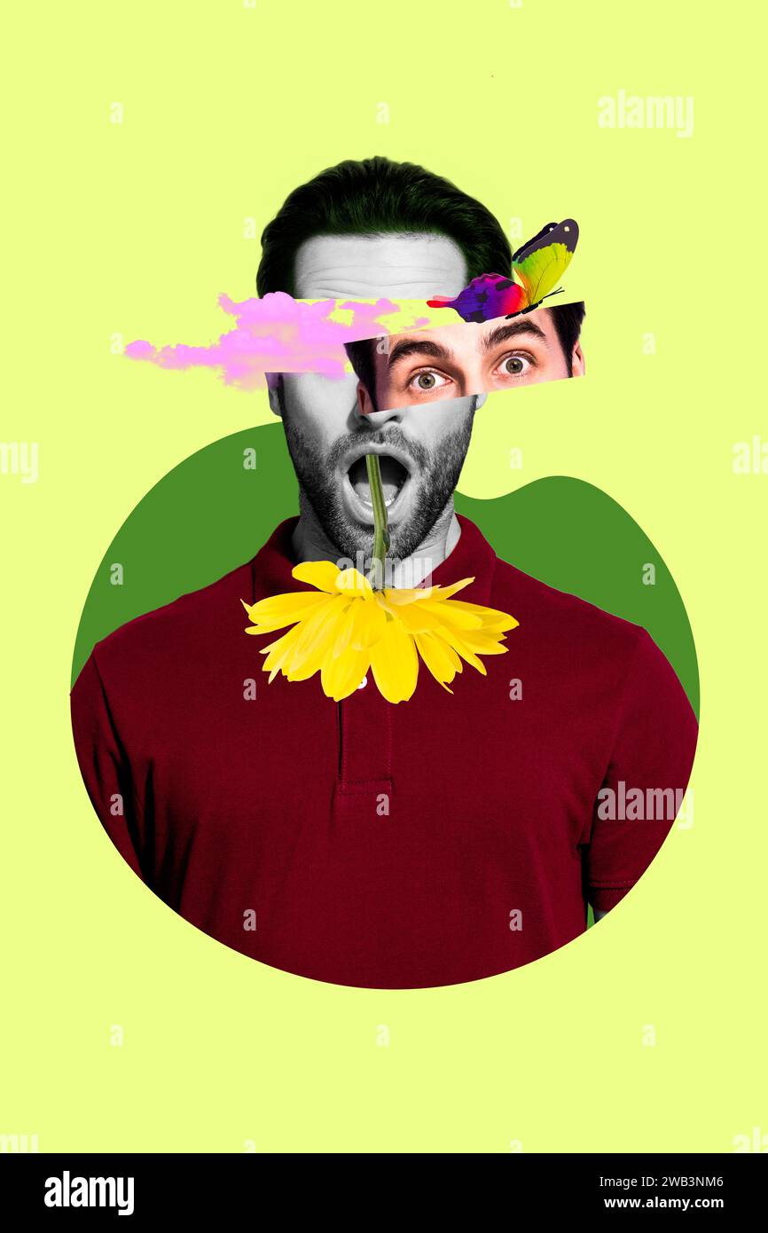 Collage image comics poster of weird guy open mouth panic confusion ...