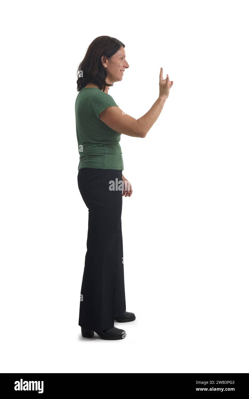 side view of a woman showing the horns sign with fingers on white