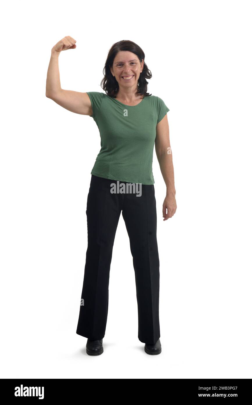 front view of a  woman showing her bicep on white background Stock Photo