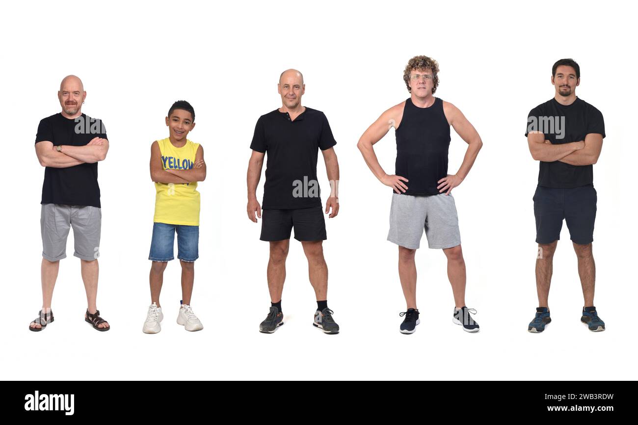 front view of a group of men wearing shorts isolated on white background. Stock Photo