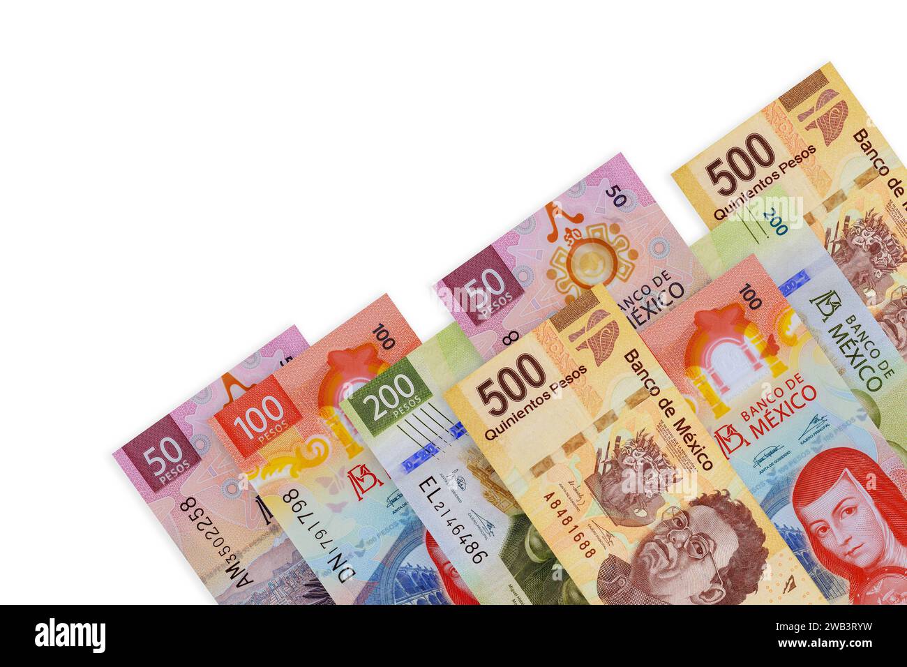 Mexican currency denominations banknotes, such as 500, 200, 100, 50, 20 peso bills national cash Stock Photo
