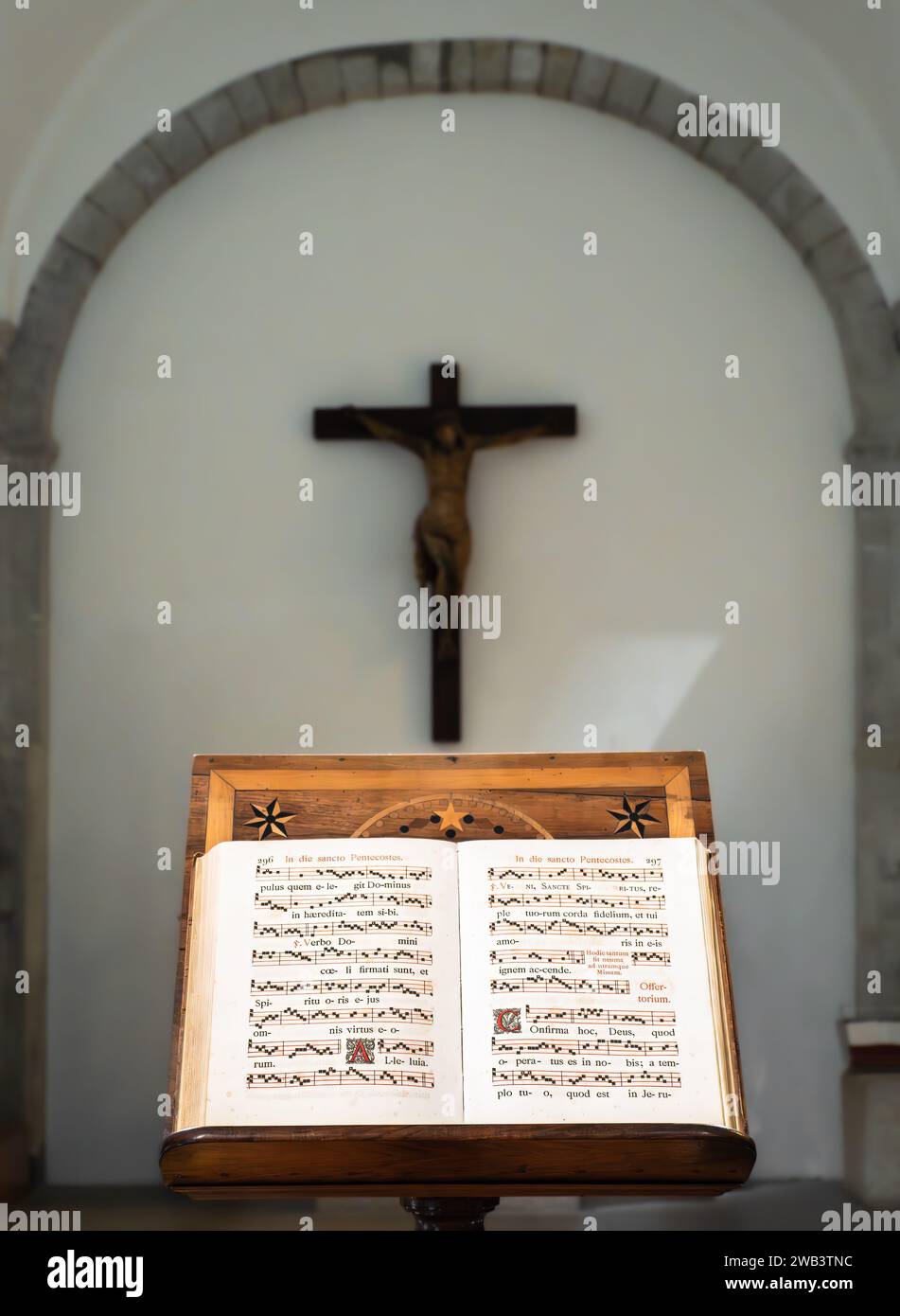 Grande Chartreuse, France - September 30, 2023: Vintage hymnal of Gregorian chants with sheet music Stock Photo