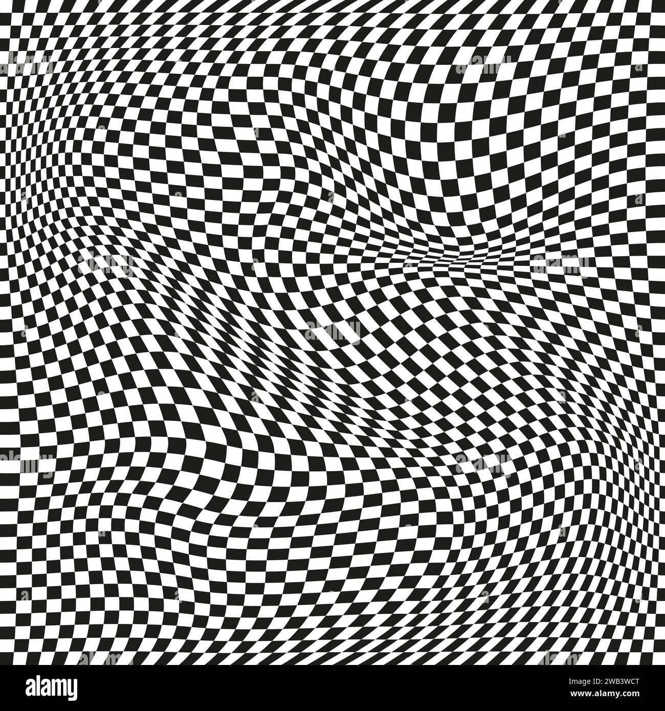 Seamless checkered pattern. Distorted optical illusion banner. Op art checkered curved pattern. Stock Vector