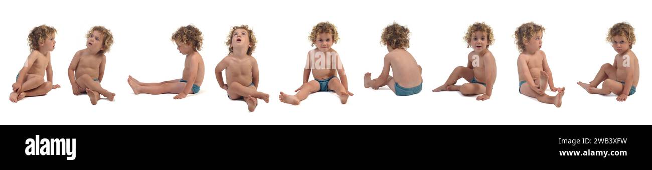 line of a group of same boy in underpants sitting on the floor on white background (3 year old) Stock Photo