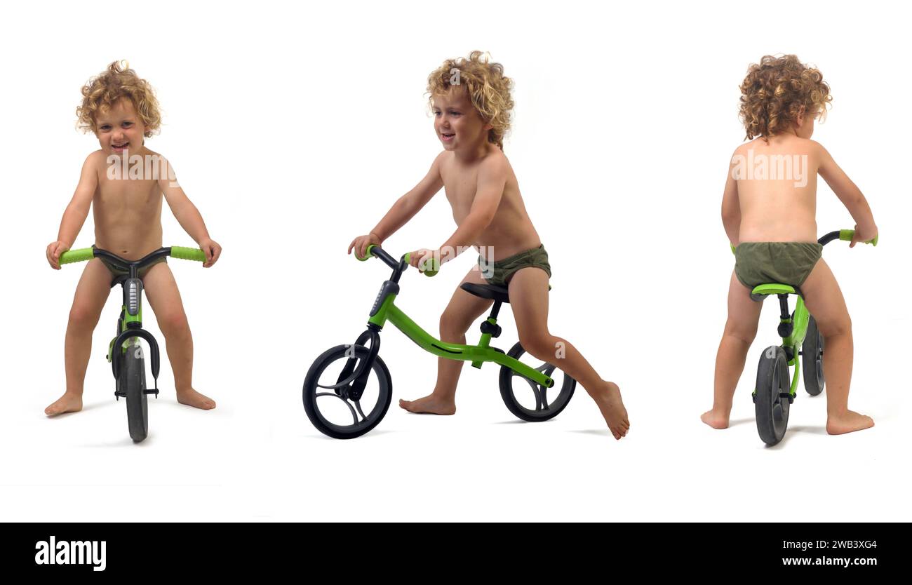 front ,side and back view of a group of same  a boy in underpants playng a bicycle on a white background Stock Photo