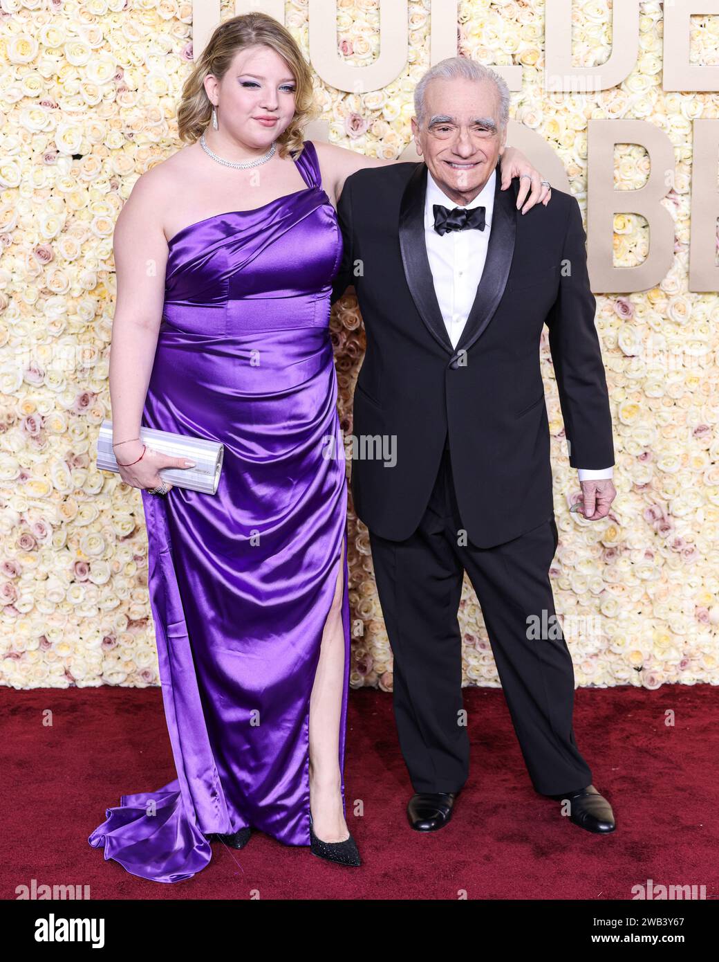 BEVERLY HILLS, LOS ANGELES, CALIFORNIA, USA - JANUARY 07: Francesca Scorsese and father Martin Scorsese arrive at the 81st Annual Golden Globe Awards held at The Beverly Hilton Hotel on January 7, 2024 in Beverly Hills, Los Angeles, California, United States. (Photo by Xavier Collin/Image Press Agency) Stock Photo