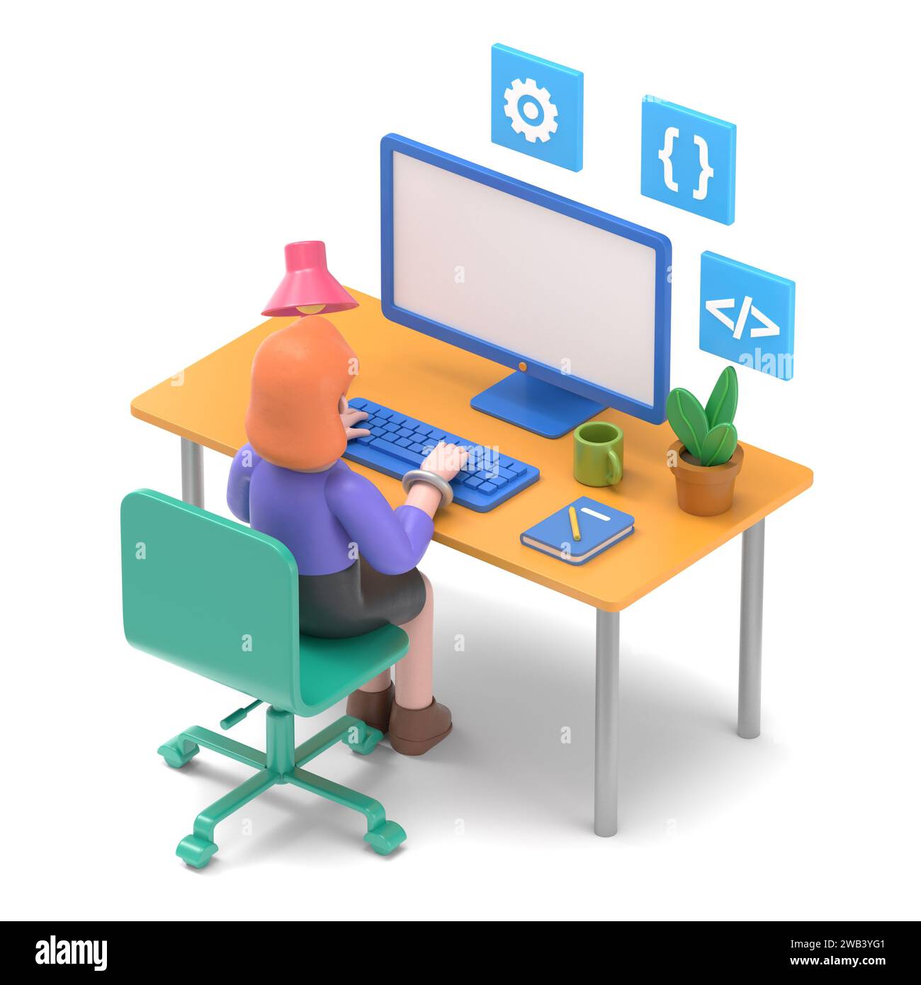 Programmer at work concept banner. Can use for web banner, infographics, hero images.3D illustration of Asian man Felix.3D rendering on white backgrou Stock Photo