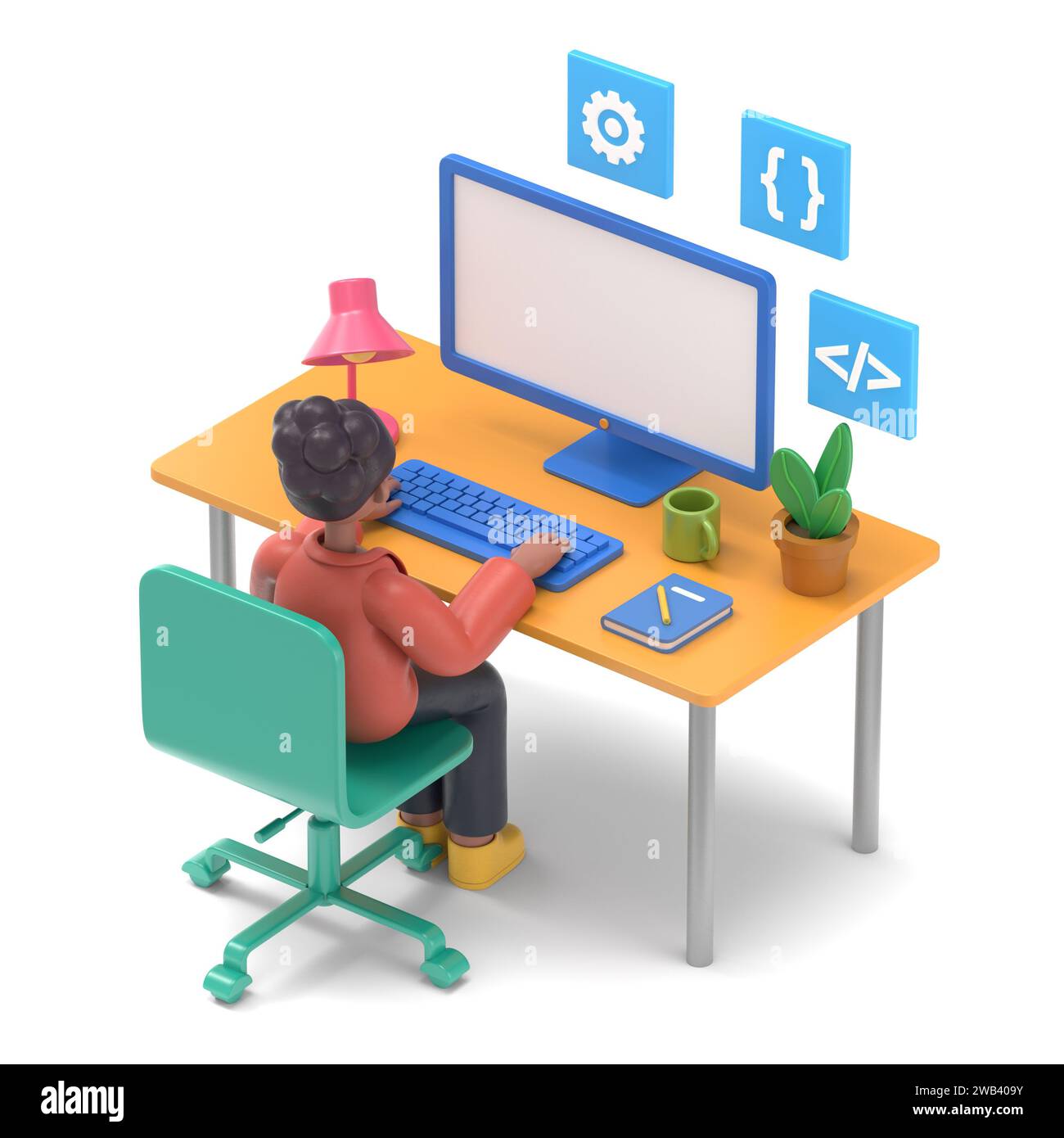 Programmer at work concept banner. Can use for web banner, infographics, hero images.3D illustration of Asian man Felix.3D rendering on white backgrou Stock Photo