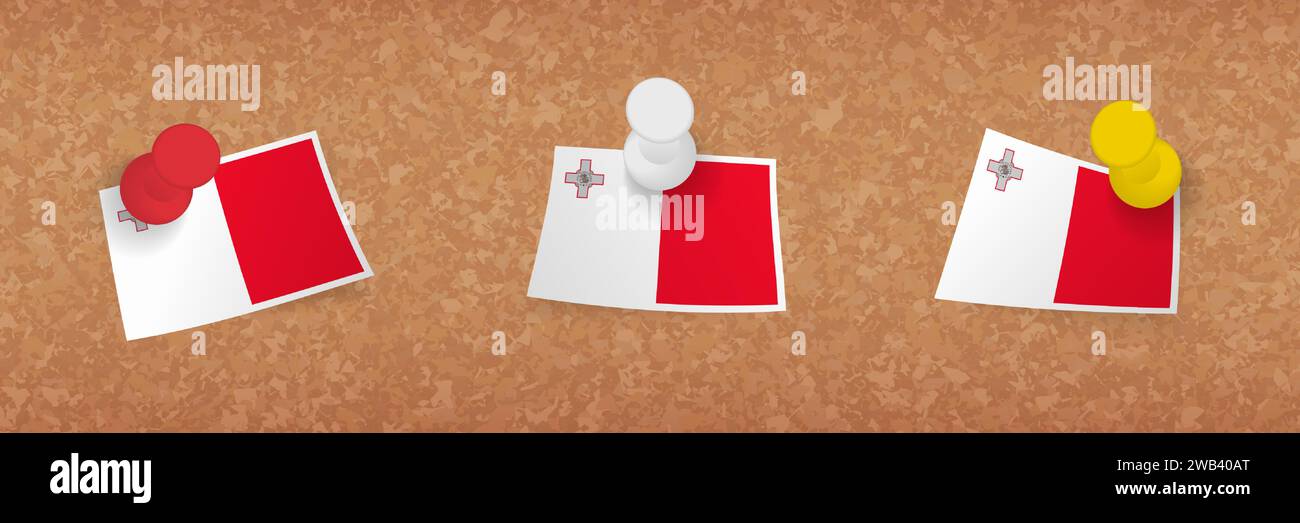 Malta flag pinned in cork board, three versions of Malta flag. Vector