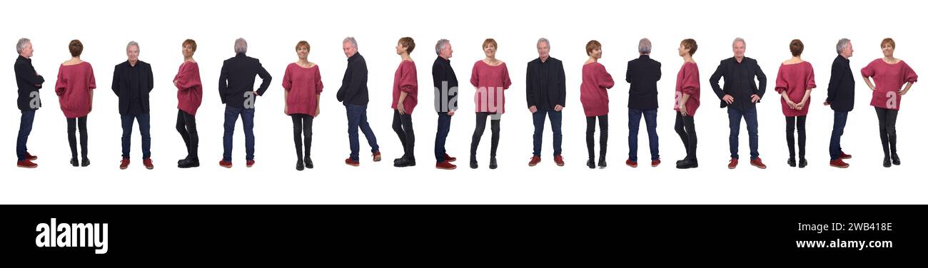 line of various poses of same man and woman standing on white background Stock Photo