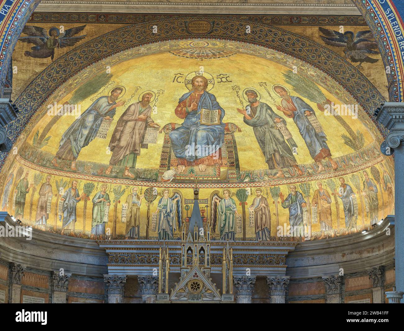 Mosaic, of Jesus Christ in glory, above the altar in the east end apse of the papal basilica of St Paul outside the Walls, Rome, Italy. Stock Photo