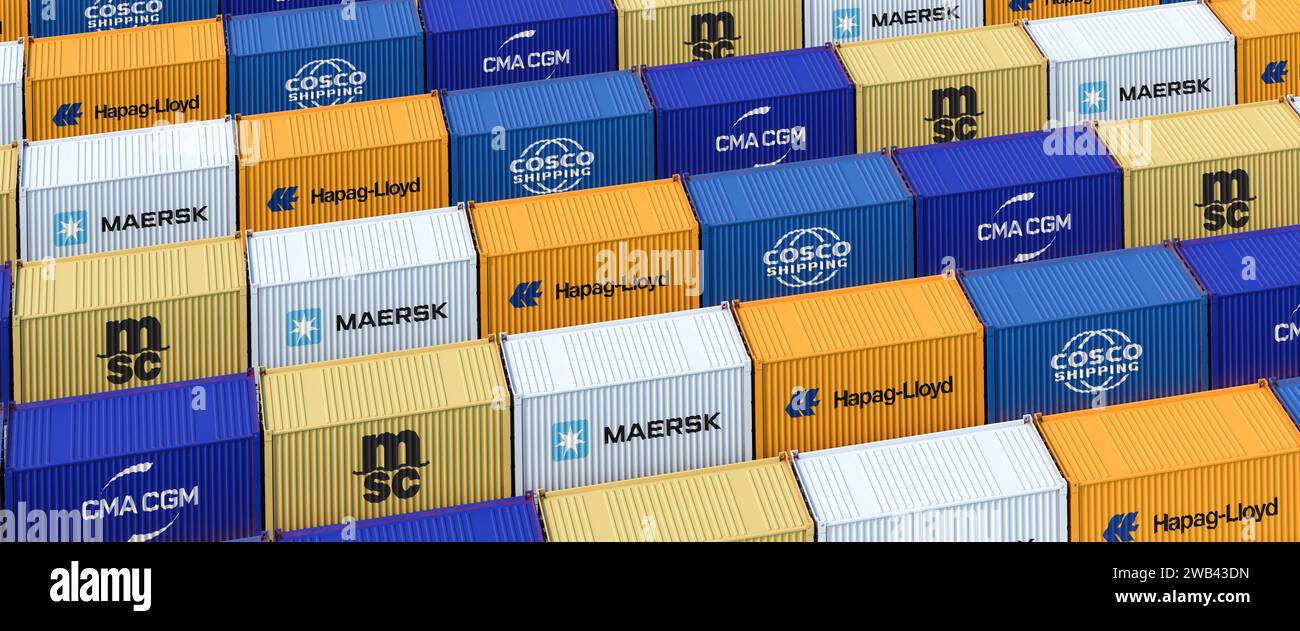 Full frame image of Containers of the five largest container shipping companies: A.P. Moeller-Maersk, Mediterranean Shipping Co, CMA CGM Group, Cosco Stock Photo