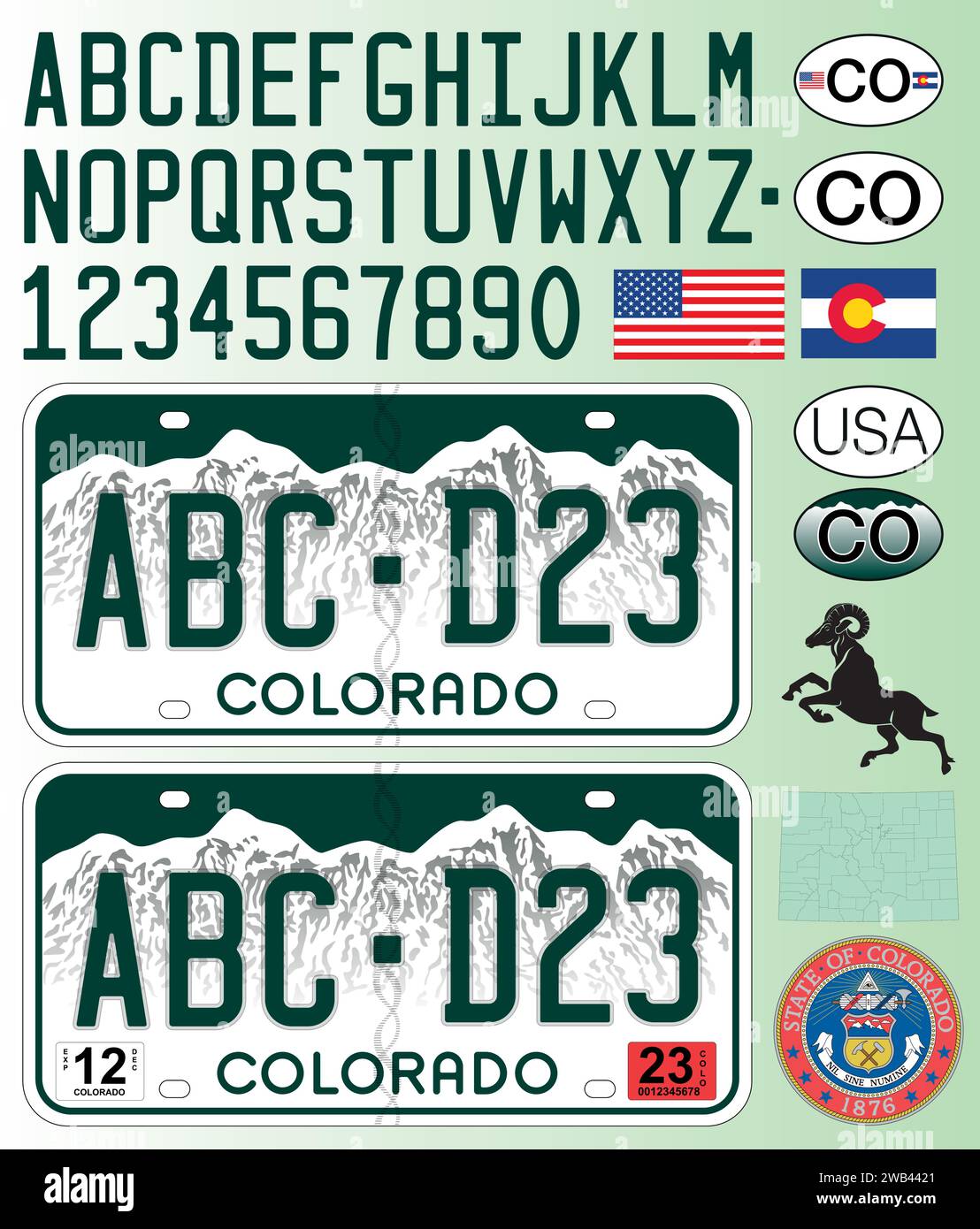 Colorado state car license plate - Colorado State Car License Plate Green Style Letters Numbers And Symbols Vector Illustration Usa United States Of America 2WB4421
