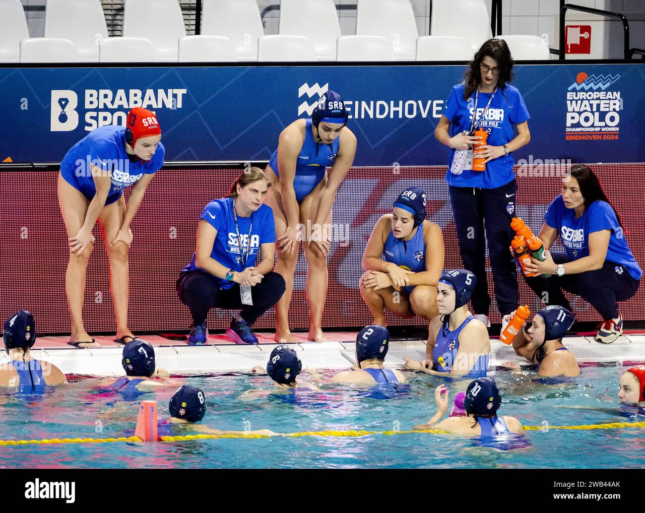 EINDHOVEN - Coach Dragana Ivovic speaks to the players of Serbia during the European Water Polo Championship for women match between Croatia and Serbia in the Pieter van den Hoogenband Swimming Stadium. ANP SEM VAN DER WAL Stock Photo