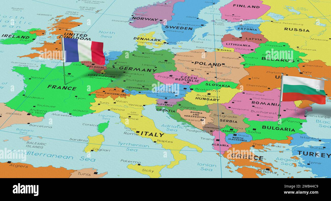 France and Bulgaria - pin flags on political map - 3D illustration ...