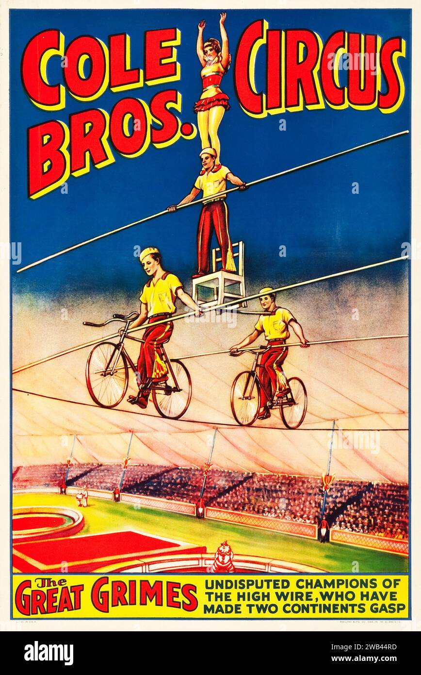 Cole Bros. Circus Poster (Cole Brothers, 1937). The Great Grimes balance act on bicycles. Stock Photo